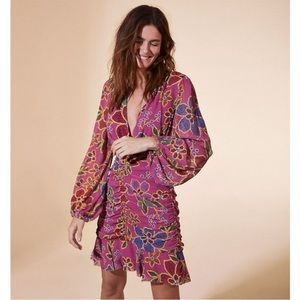 FARM RIO Mauve Pink Blue Floral Long Sleeve Plunging V Ruched Ruffle Mini Dress